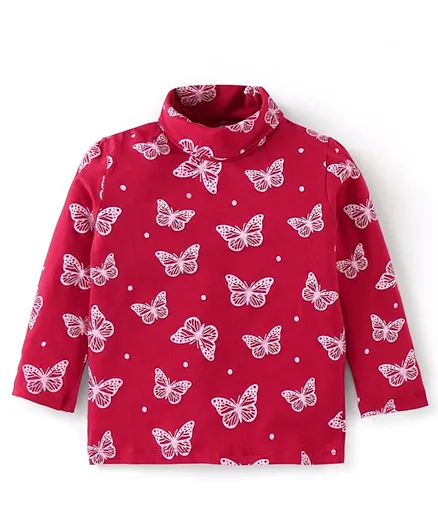 Babyhug Cotton Knit Full Sleeves Skivi Tee With Butterfly Graphics - Red