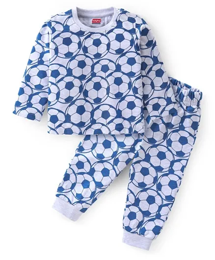 Babyhug Cotton Knit Full Sleeves Night Suit With Football Print - Grey/Blue