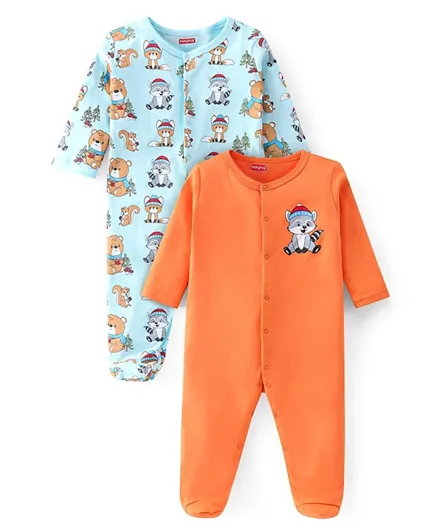 Babyhug Interlock Cotton Knit Full Sleeves Footed Sleepsuits Racoon Printed Pack of 2 - Multicolor