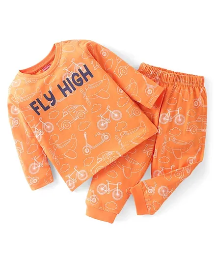 Babyhug Cotton Knit Full Sleeves Night Suit With Text Print - Orange