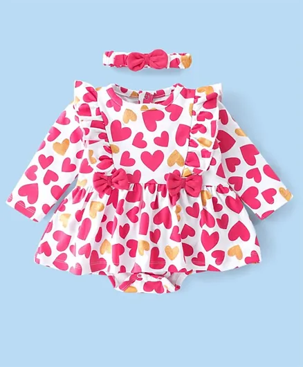 Babyhug 100% Cotton Full Sleeves Onesies with Headband Heart Printed - Pink