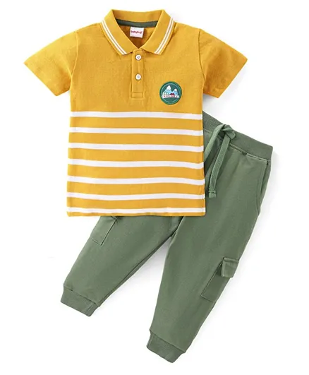 Babyhug 100% Cotton Knit Half Sleeves Striped T-Shirt and Lounge Pant - Green & Yellow