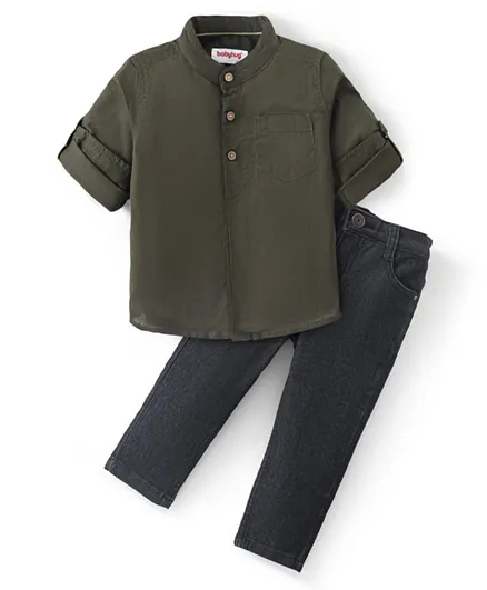 Babyhug 100% Cotton Knit Full Sleeves Shirt & Jeans Set - Green & Black