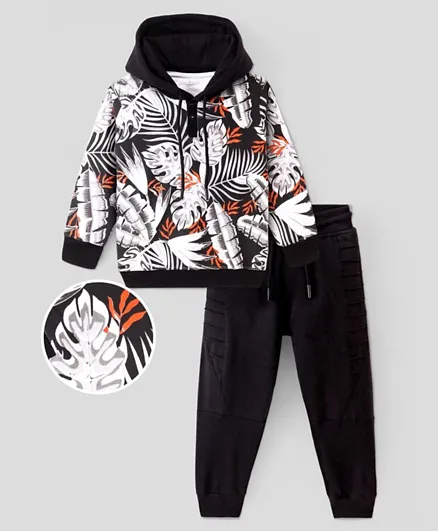 Ollington St. 100% Cotton Full Sleeves Hooded Sweatshirt & Joggers Set with Tropical Print - Black