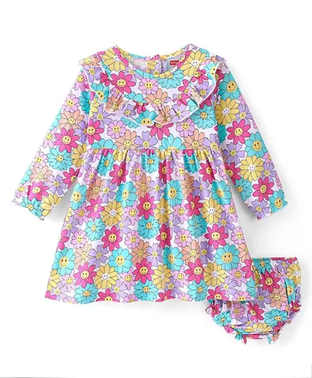 Babyhug Cotton Knit Full Sleeves Floral Printed Frock With Bloomer - Multi Color