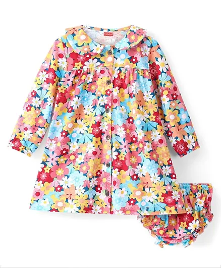 فستان بيبي هاغ القطني بأكمام كاملة وطبعة زهور مع كلوت - ملون