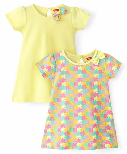 Babyhug Cotton Knit Short Sleeves Frocks With Bow Jigsaw Print Pack Of 2 - Multi Color