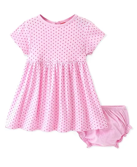 Babyhug 100% Cotton Knit Half Sleeves Frock With Bloomer Polka Dots Print - Pink