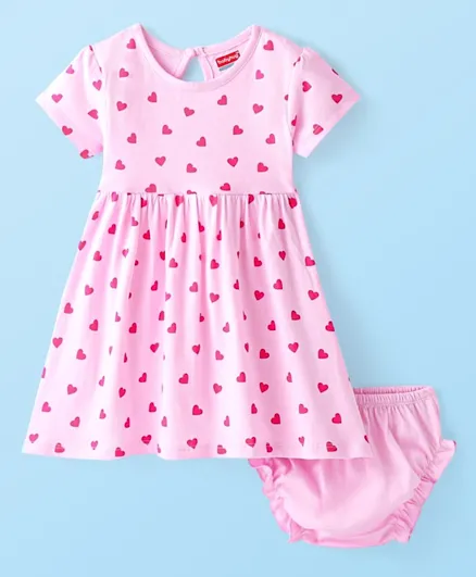 Babyhug 100% Cotton Half Sleeves Frock & Bloomer With Heart Print - Pink