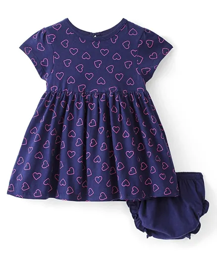 Babyhug Cotton Knit Short Sleeves Heart Printed Frock with Bloomer - Navy