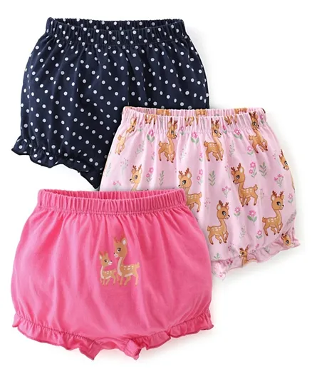 Babyhug 3 Pack 100% Cotton Knit Deer Print Bloomers - Pink & Black