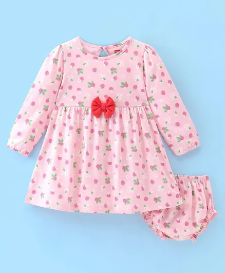 Babyhug Cotton Knit Full Sleeves Frock with Bloomer Strawberry Printed - Pink