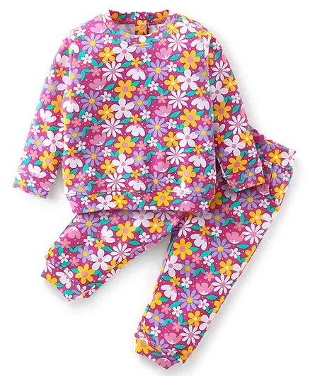 Babyhug Cotton Knit Full Sleeves T-Shirt & Lounge Pants/Co-ord Set Floral Print - Multicolour