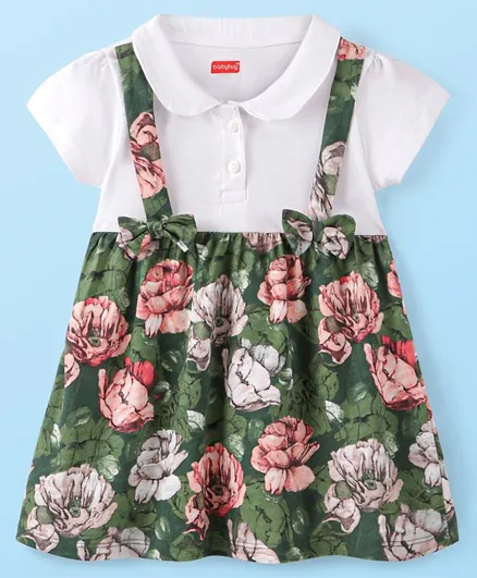 Babyhug 100% Cotton Knit Short Sleeves Frock Floral Print - Green