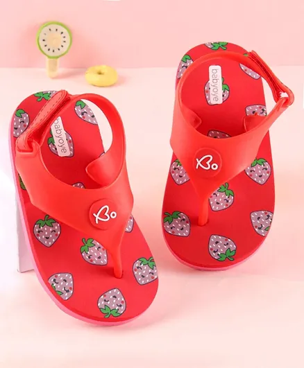 Babyoye Flip Flops with Velcro Closure Strawberry Print - Red