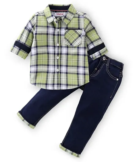 Babyhug 100% Cotton Knit Full Sleeves Shirt & Jeans Checkered - Green & Blue