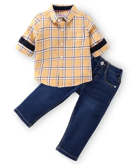 Babyhug 100% Cotton Knit Full Sleeves Shirt & Jeans Checkered - Yellow & Blue