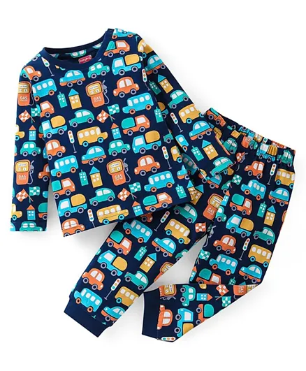 Babyhug Cotton Knit Full Sleeves Cars Printed Night Suit - Navy Blue