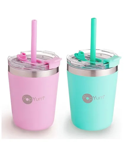 PopYum - 9oz Insulated Stainless Steel Kids Cup with Straw - Pink and Mint Green - 2-packs