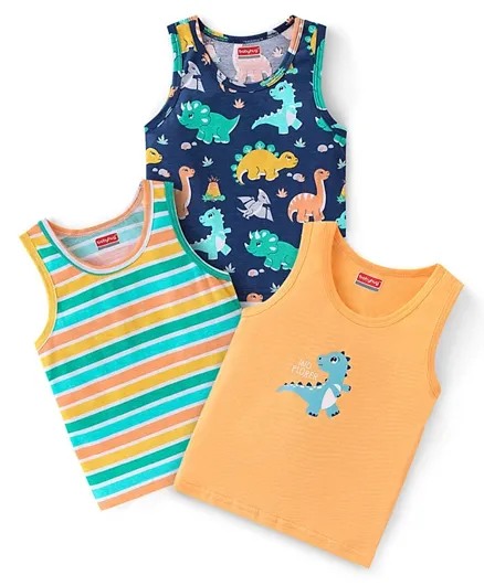 Babyhug 100% Cotton Knit Sleeveless Dino Printed Sando Pack of 3 - Blue & Orange