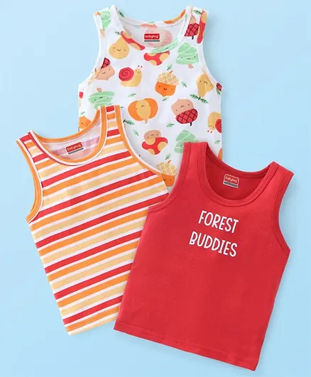 Babyhug 100% Cotton Knit Sleeveless Sando Stripes & Walnut Print Pack of 3 - Multicolor