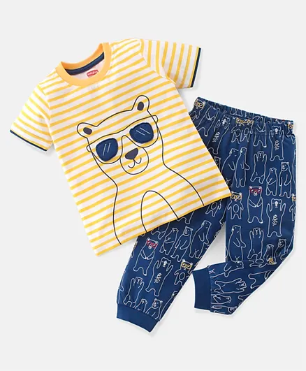 Babyhug Cotton Knit Full Sleeves Night Suit With Teddy Patch & Striped - Yellow & Blue