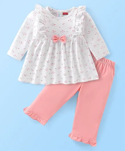 Babyhug 100% Cotton Knit Full Sleeve Frock With Heart Print & Leggings - White & Pink