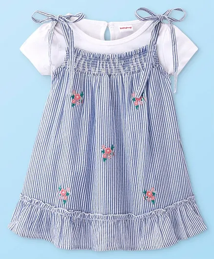 Babyhug Single Jersey Knit Frocks with Half Sleeves Inner T-Shirt Striped & Floral Embroidery - Blue & White