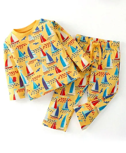 Babyhug Cotton Interlock Knit Full Sleeves Night Suit With Boat Print - Yellow
