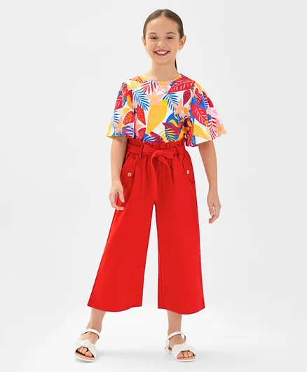 Ollington St. 100% Cotton Half Sleeves Top & Woven Culottes Set With Leaves Print - Red