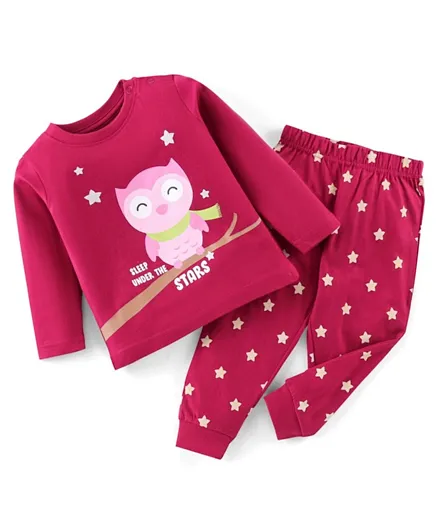 Babyhug Cotton Knit Full Sleeves Owl Printed Night Suit - Maroon