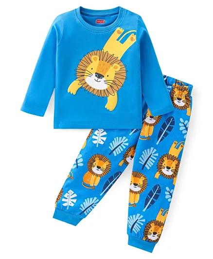 Babyhug Cotton Knit Full Sleeves Night Suit With Lion Print - Blue