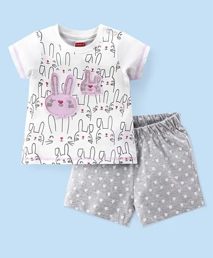 Babyhug Single Jersey Knit Half Sleeves Night Suit with Bunny Print & Patch - White & Grey