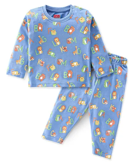 Babyhug Cotton Interlock Knit Full Sleeves Night Suit Lion Print - Navy Blue