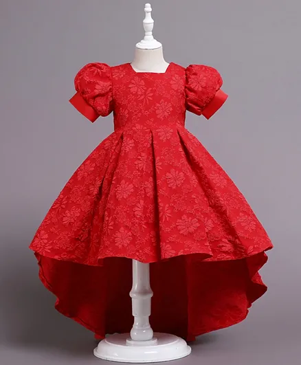 فستان كووكي كيدز بأكمام منفوخة ونقشة ورود - أحمر