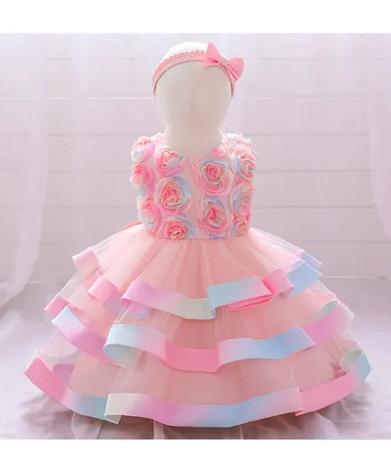 Kookie Kids Flower Applique Multi Flare Party Dress With Headband - Pink