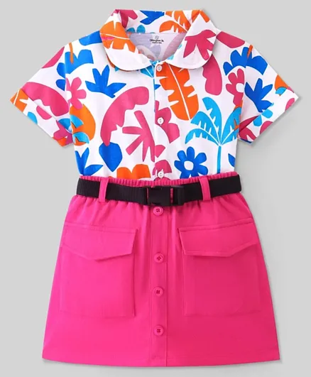 Ollington St. 100% Cotton Knit Half Sleeves Floral Printed Top & Knee Length Skirt Set -White & Pink