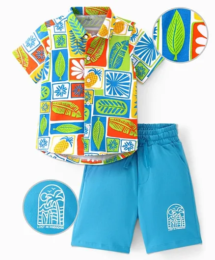 Ollington St. 100% Cotton Half Sleeves Shirt & Shorts Set With Tropical Print - Green & Blue