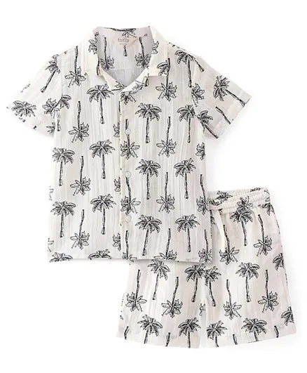 Bonfino 100% Cotton Woven Half Sleeves Shirt & Shorts Set Palm Tree Print - Off White