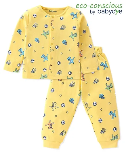 Babyoye 100% Cotton with Eco Jiva Finish Full Sleeves Night Suit/Co-ord Set With Dino Print - Yellow