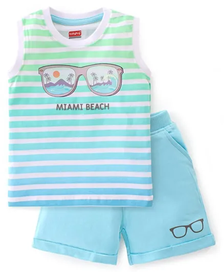 Babyhug 100% Cotton Knit Single Jersey Sleeveless T-Shirt & Shorts With Beach Print & Striped - Blue