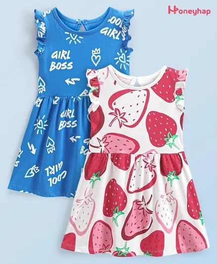 هونيهاب - فستان بطبعات فراولة (قطعتين) - أزرق وأبيض