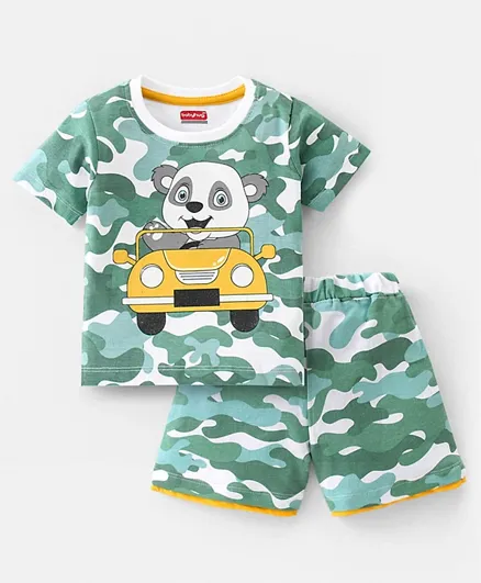 Babyhug 100% Cotton Knit Half Sleeves T-Shirt & Shorts/Co-ord Set With Camouflage & Panda Print - Green