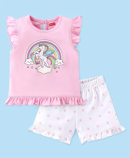 Babyhug Cotton Knit Half Sleeves Night Suit Unicorn Print -Pink