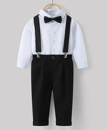 Kookie Kids Solid Shirt & Trousers Set With Suspenders & Bow Tie - White & Black