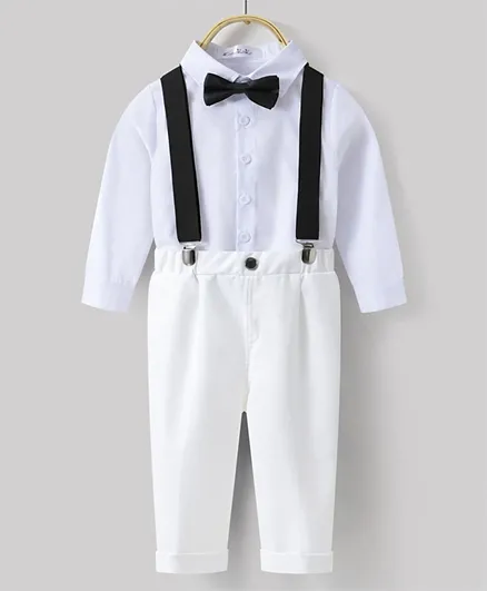 Kookie Kids Solid Shirt & Trousers Set With Suspenders & Bow Tie - White
