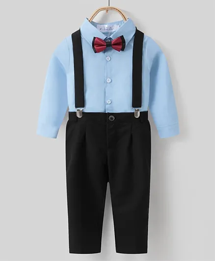 Kookie Kids Solid Shirt & Trousers Set With Suspenders & Bow Tie - Blue & Black