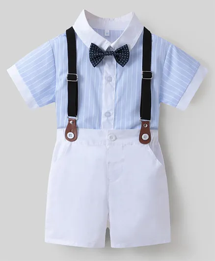 كووكي كيدز طقم قميص مخطط وشورت بأشرطة وربطة عنق - أبيض وأزرق