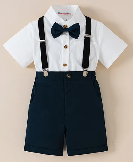 طقم كووكي كيدز للأطفال بقميص سادة وشورت مع أشرطة الدعم وربطة عنق - أبيض وأزرق