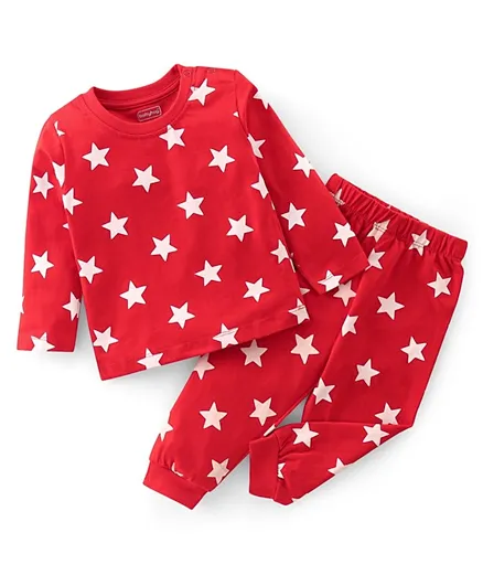 Babyhug Cotton Knit Full Sleeves Night Suit With Star Print - Red